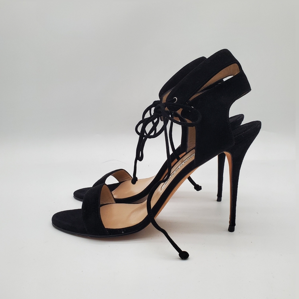 MANOLO BLAHNIK $815 BLACK SUEDE "LARAMOD" ANKLE-WRAP SANDALS HEELS 41